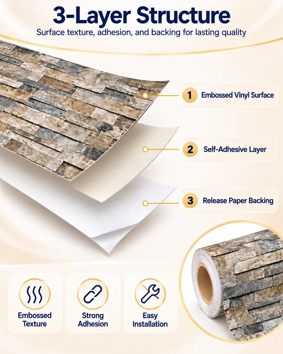 Vinyl Peel-and-Stick 3D Brick Design Wallpaper Sticker — Surface texture and finish close-up