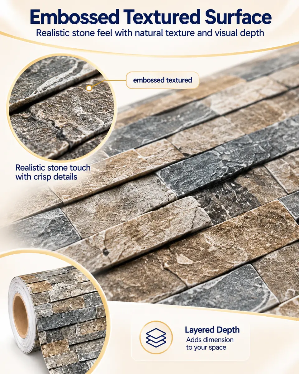 Vinyl Peel-and-Stick 3D Brick Design Wallpaper Sticker — Construction and material layers
