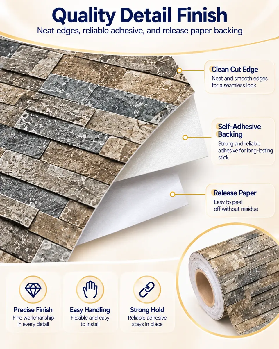 Vinyl Peel-and-Stick 3D Brick Design Wallpaper Sticker — Installation and application detail