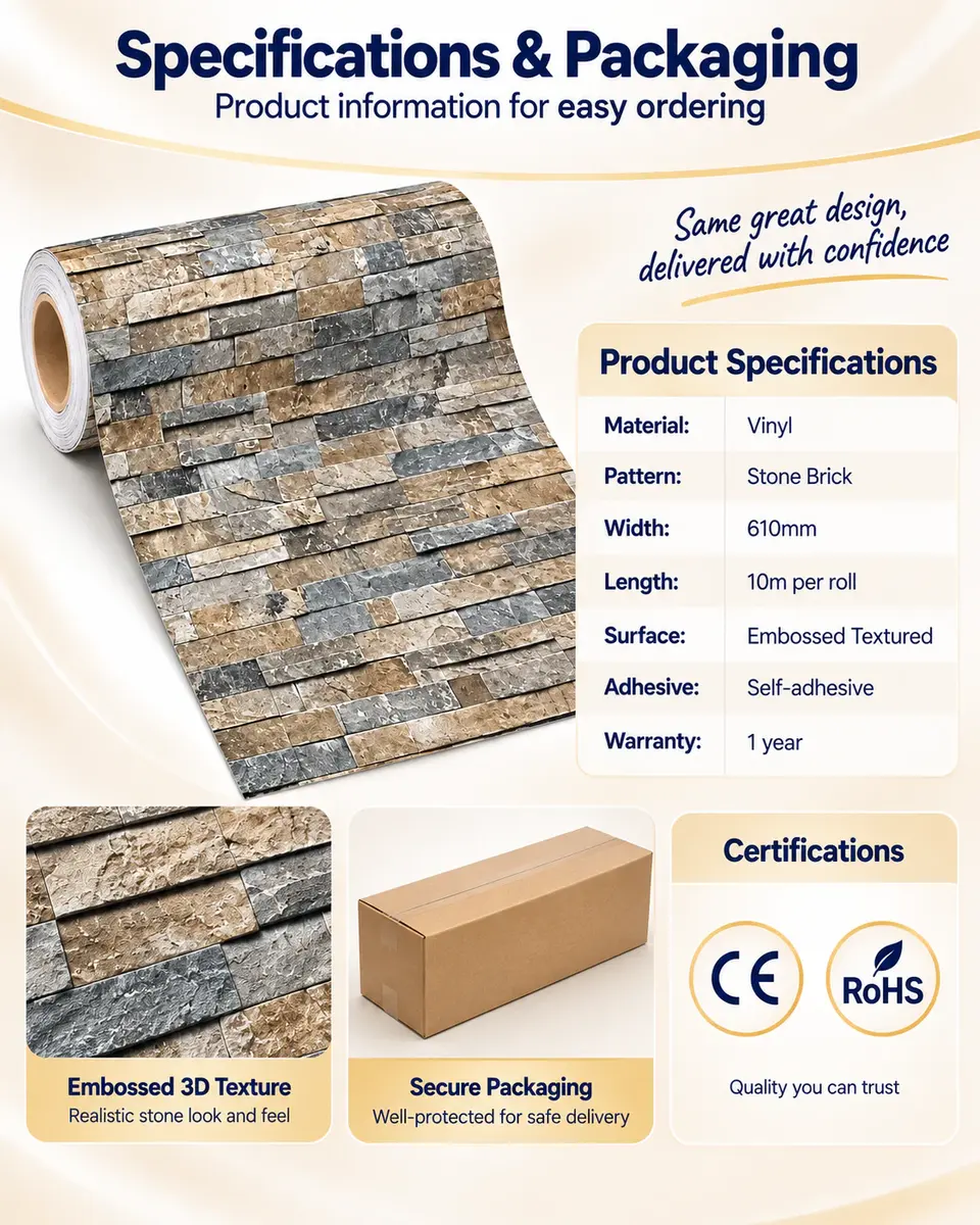 Vinyl Peel-and-Stick 3D Brick Design Wallpaper Sticker — Roll format and packaging