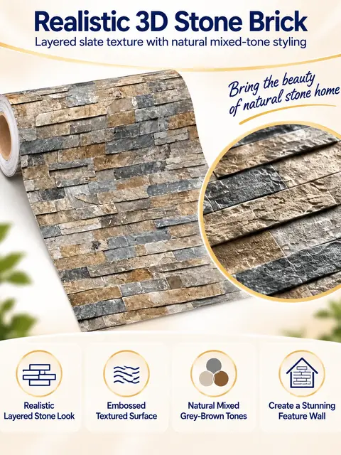 Vinyl Peel-and-Stick 3D Brick Design Wallpaper Sticker — Living room