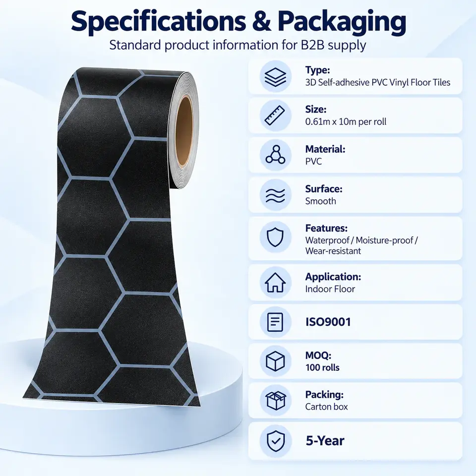 3D Self-Adhesive PVC Vinyl Floor Tiles — Roll format and packaging