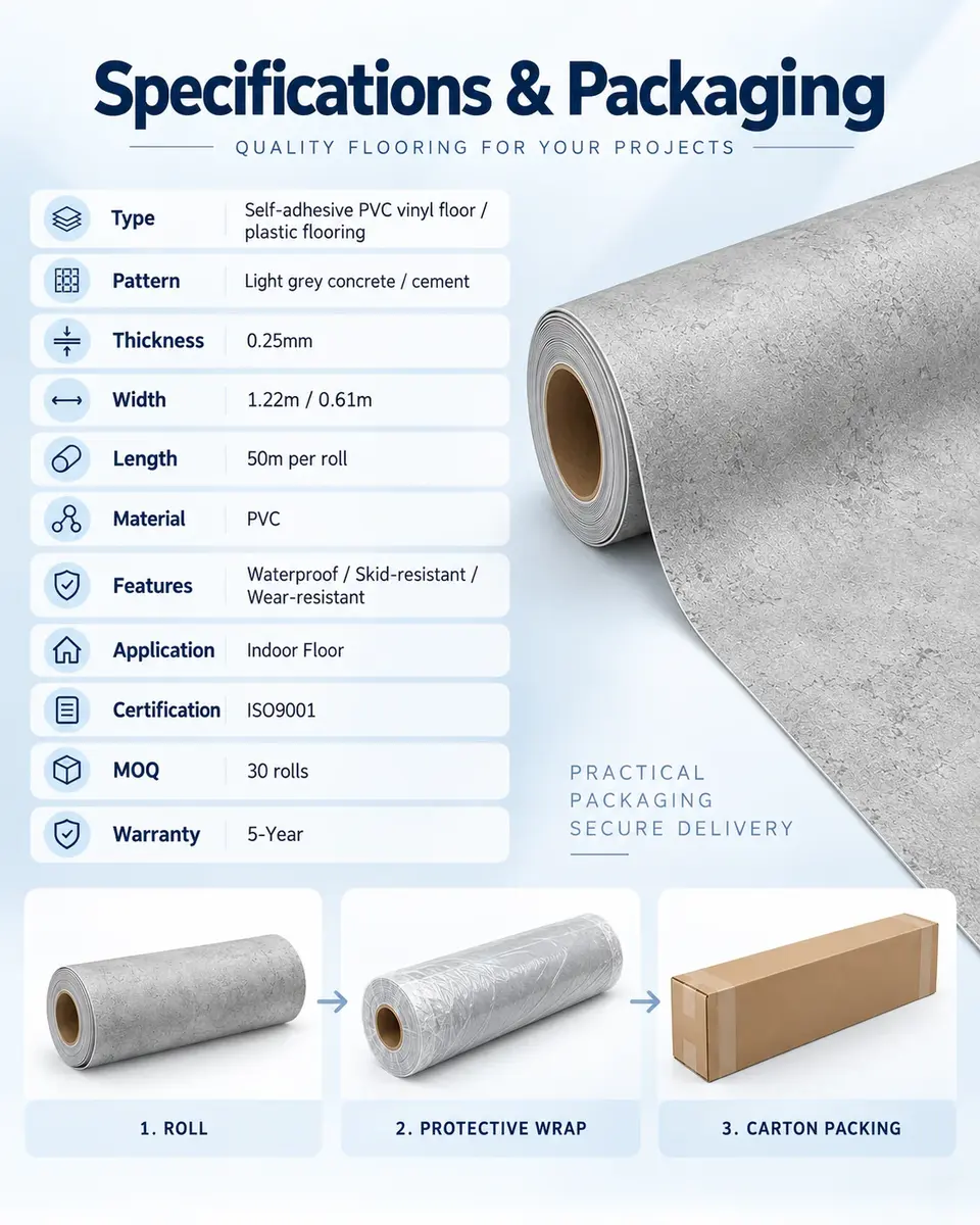 Self-Adhesive PVC Vinyl Floor — Roll format and packaging