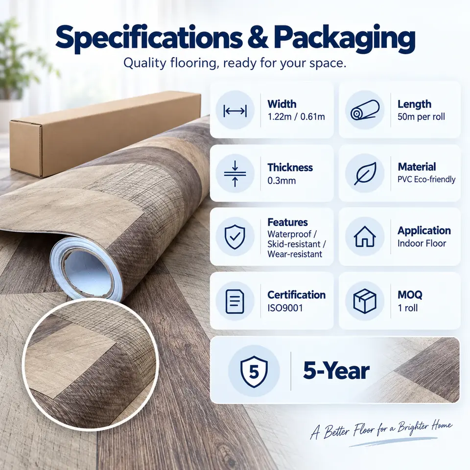 Eco-Friendly Self-Adhesive PVC Vinyl Floor — Roll format and packaging
