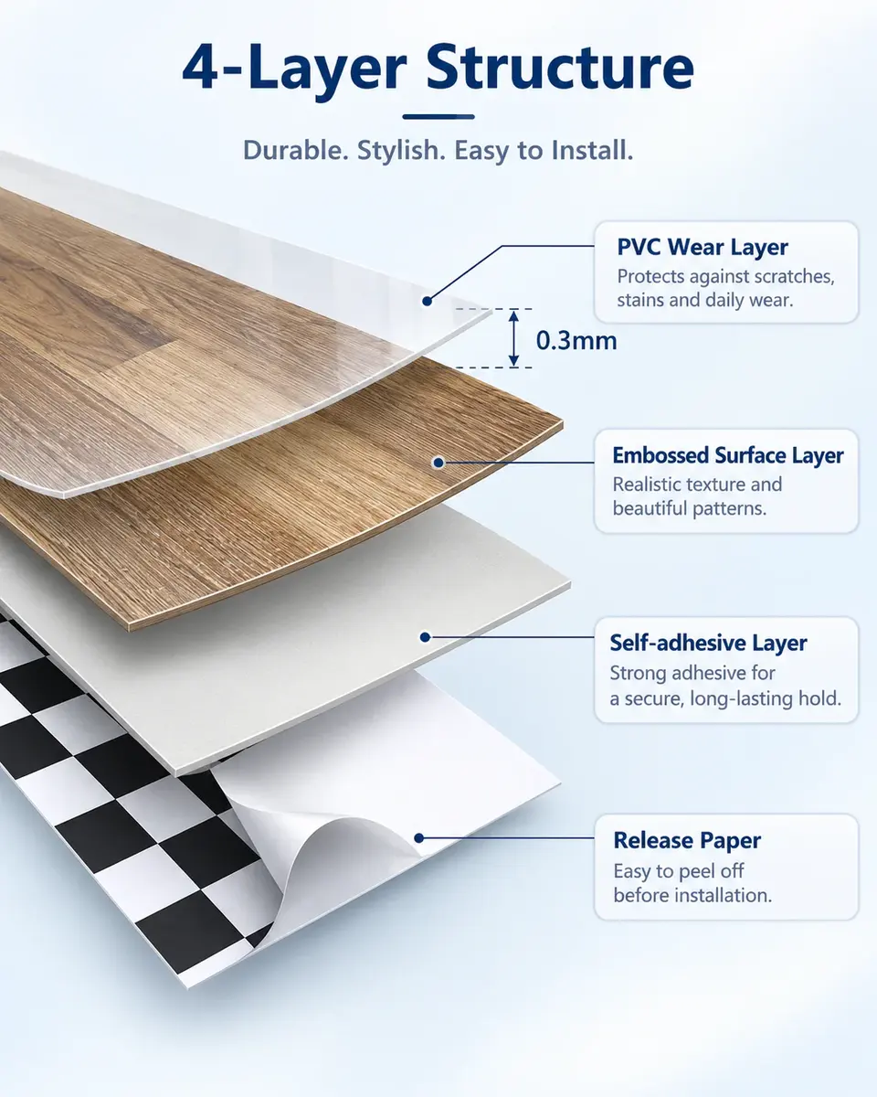 Peel-and-Stick PVC Vinyl Floor Tile — Surface texture and finish close-up