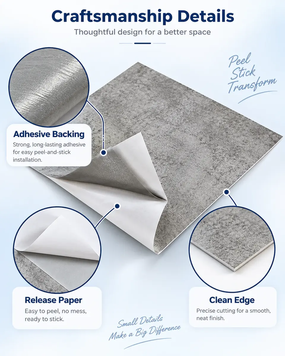 Peel-and-Stick PVC Vinyl Floor Tile — Installation and application detail