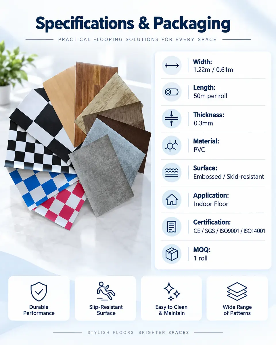 Peel-and-Stick PVC Vinyl Floor Tile — Roll format and packaging