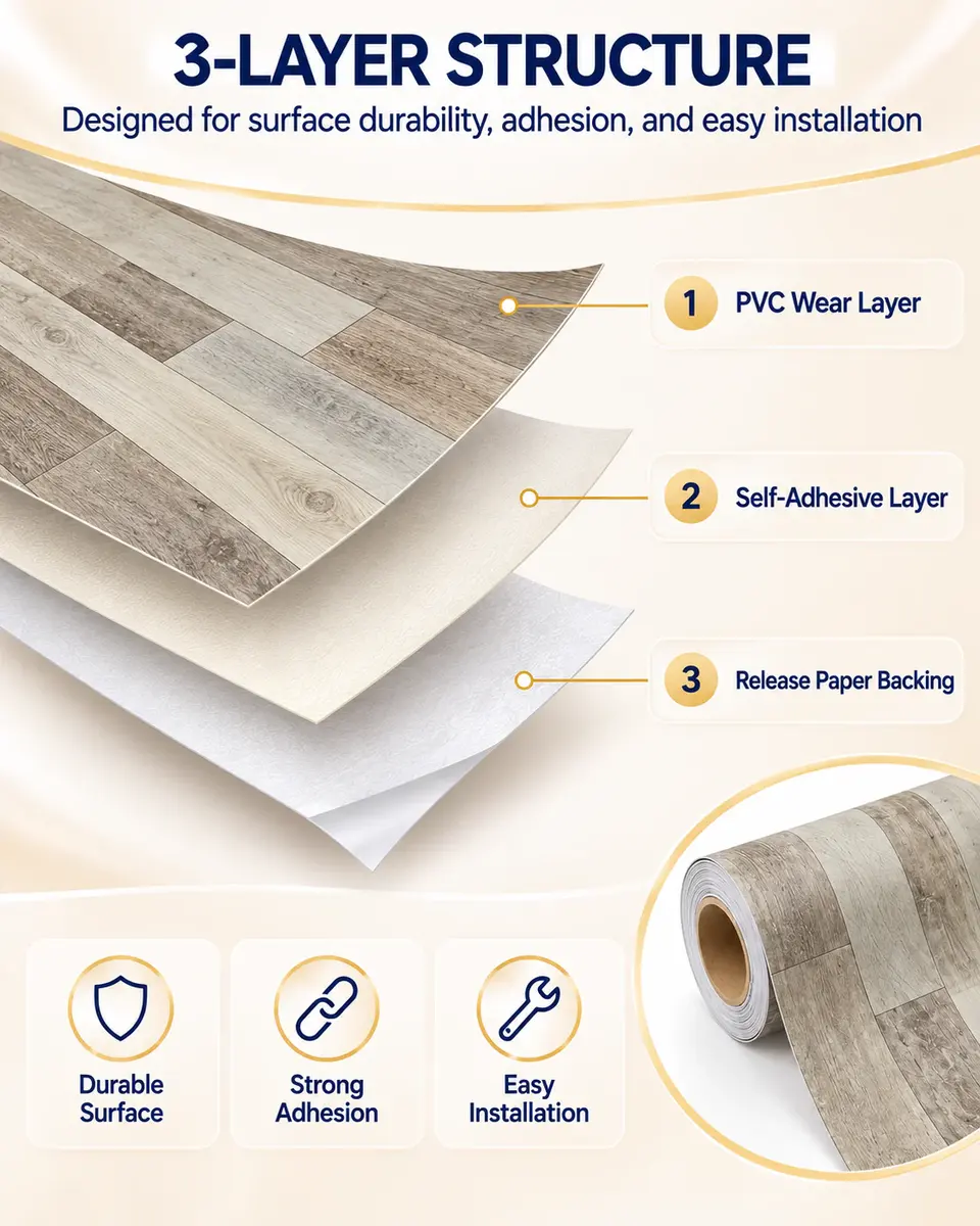 Self Adhesive Wallpaper PVC Carpet Floor Coverings Wood Grain Plastic Vinyl Flooring — Surface texture and finish close-up