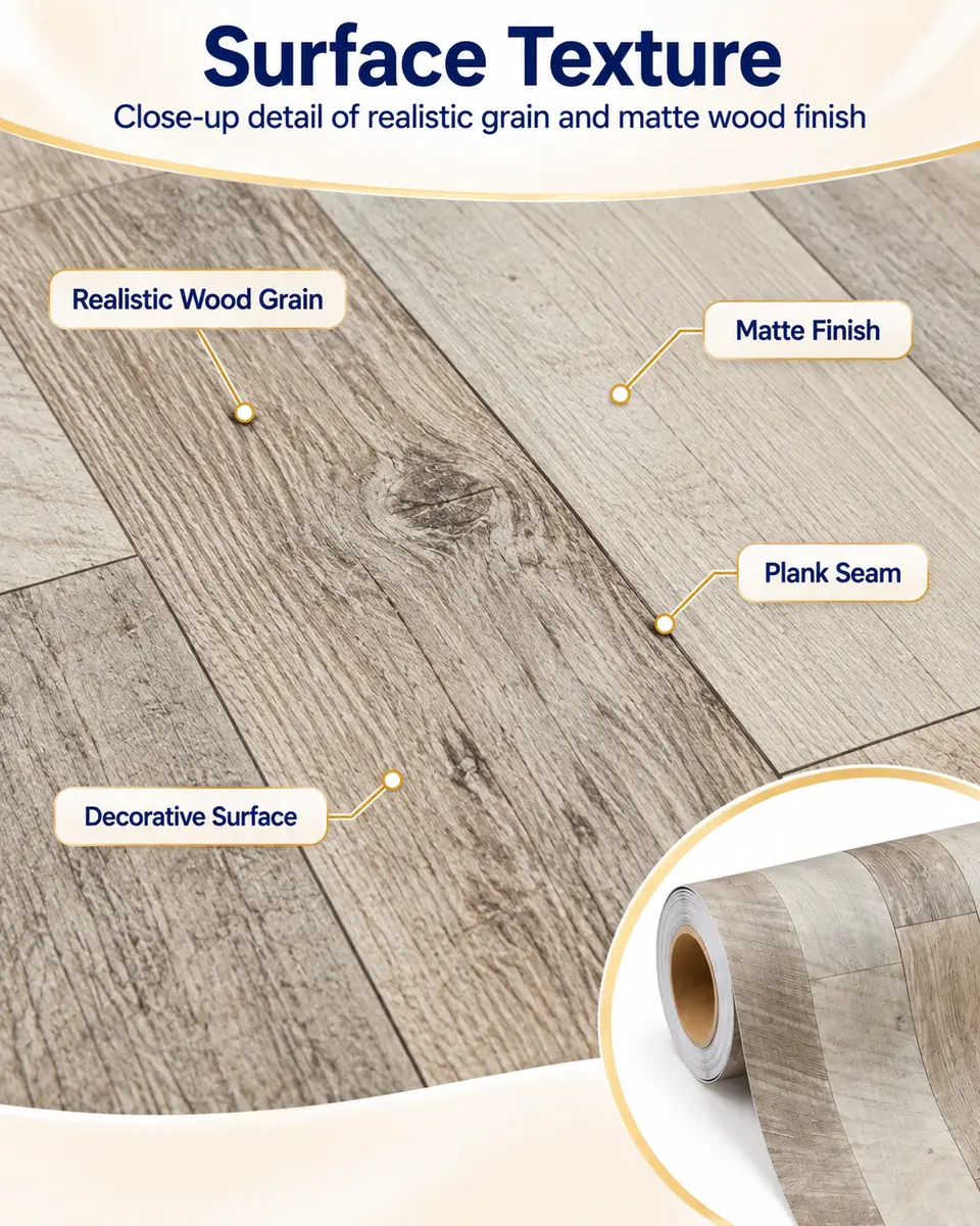 Self Adhesive Wallpaper PVC Carpet Floor Coverings Wood Grain Plastic Vinyl Flooring — Construction and material layers