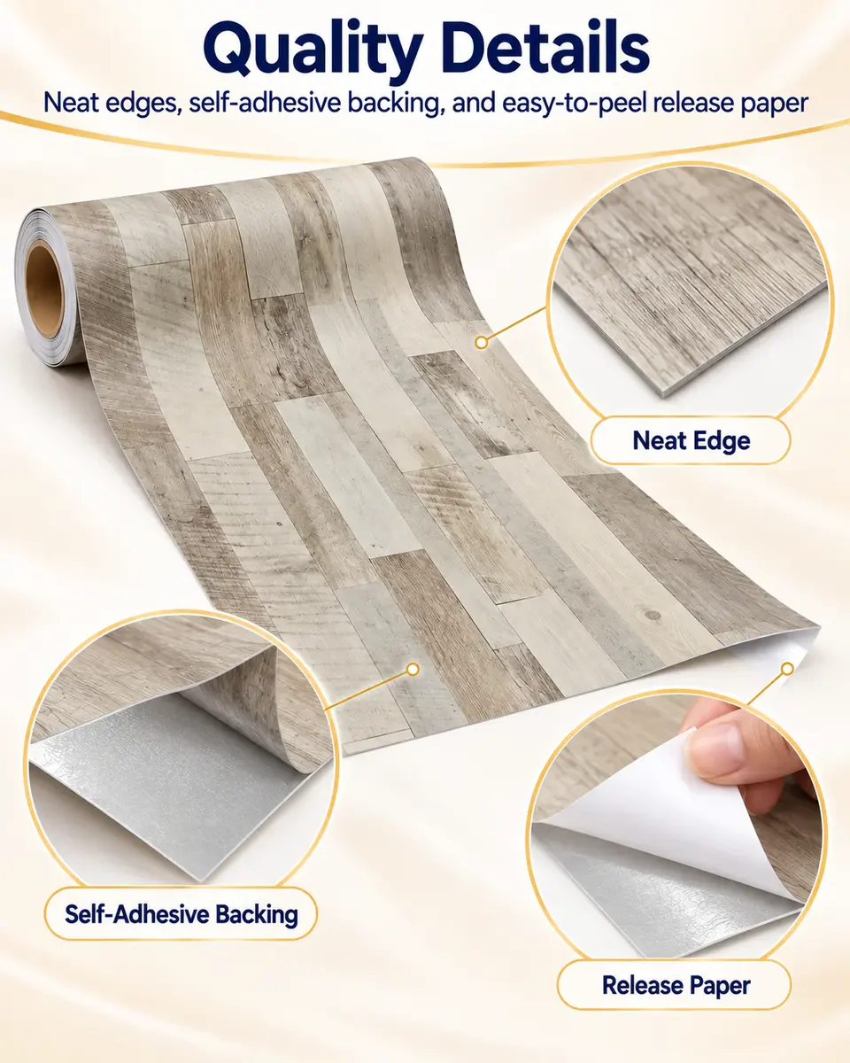 Self Adhesive Wallpaper PVC Carpet Floor Coverings Wood Grain Plastic Vinyl Flooring — Installation and application detail