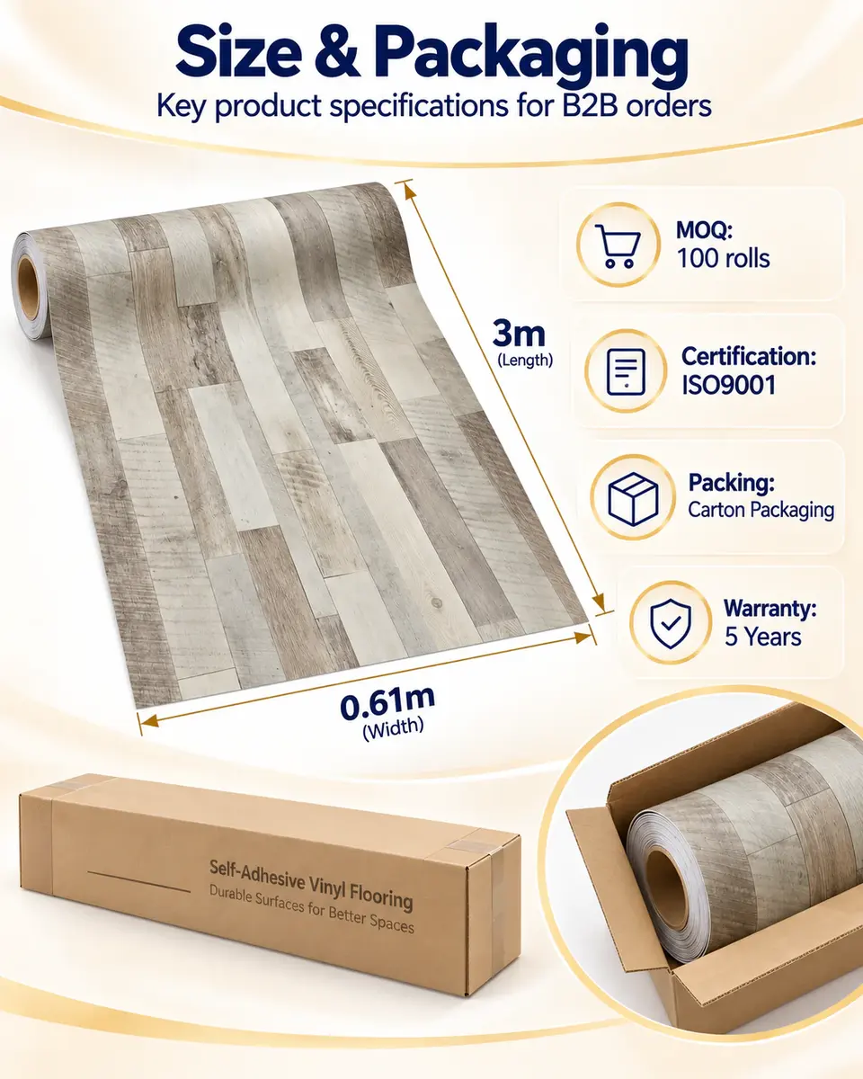 Self Adhesive Wallpaper PVC Carpet Floor Coverings Wood Grain Plastic Vinyl Flooring — Roll format and packaging