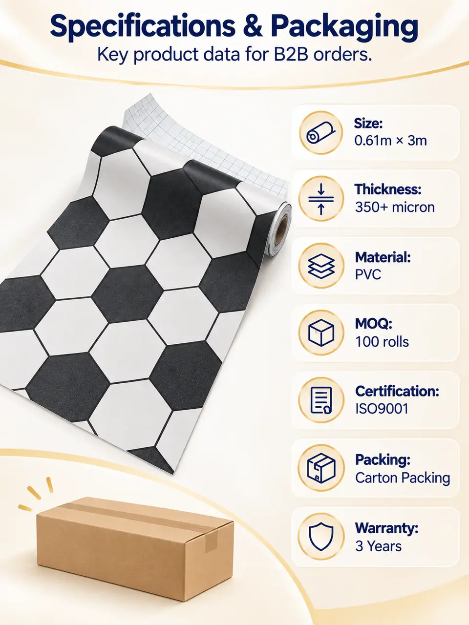 Vinyl Flooring Waterproof PVC Self Adhesive Bathroom Decoration Flooring Film — Roll format and packaging