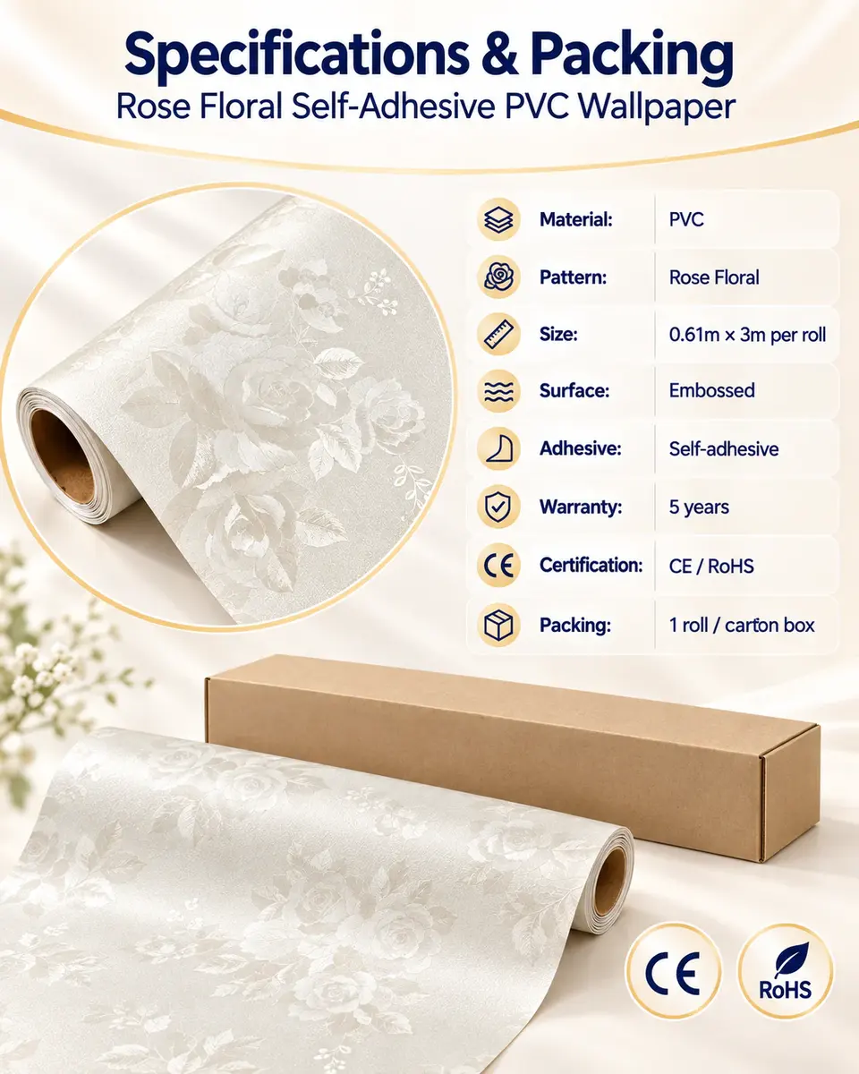 Best-Selling Rose Self-Adhesive Wallpaper Rolls — Roll format and packaging
