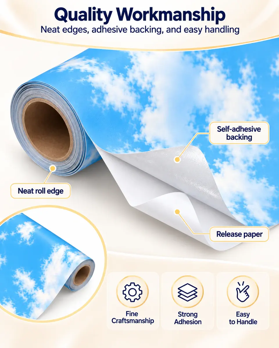 Blue Cloud 3D Nature Mural Ceiling Wallpaper — Installation and application detail