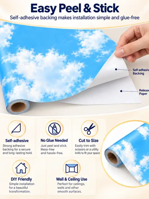 Blue Cloud 3D Nature Mural Ceiling Wallpaper — Bedroom & nursery