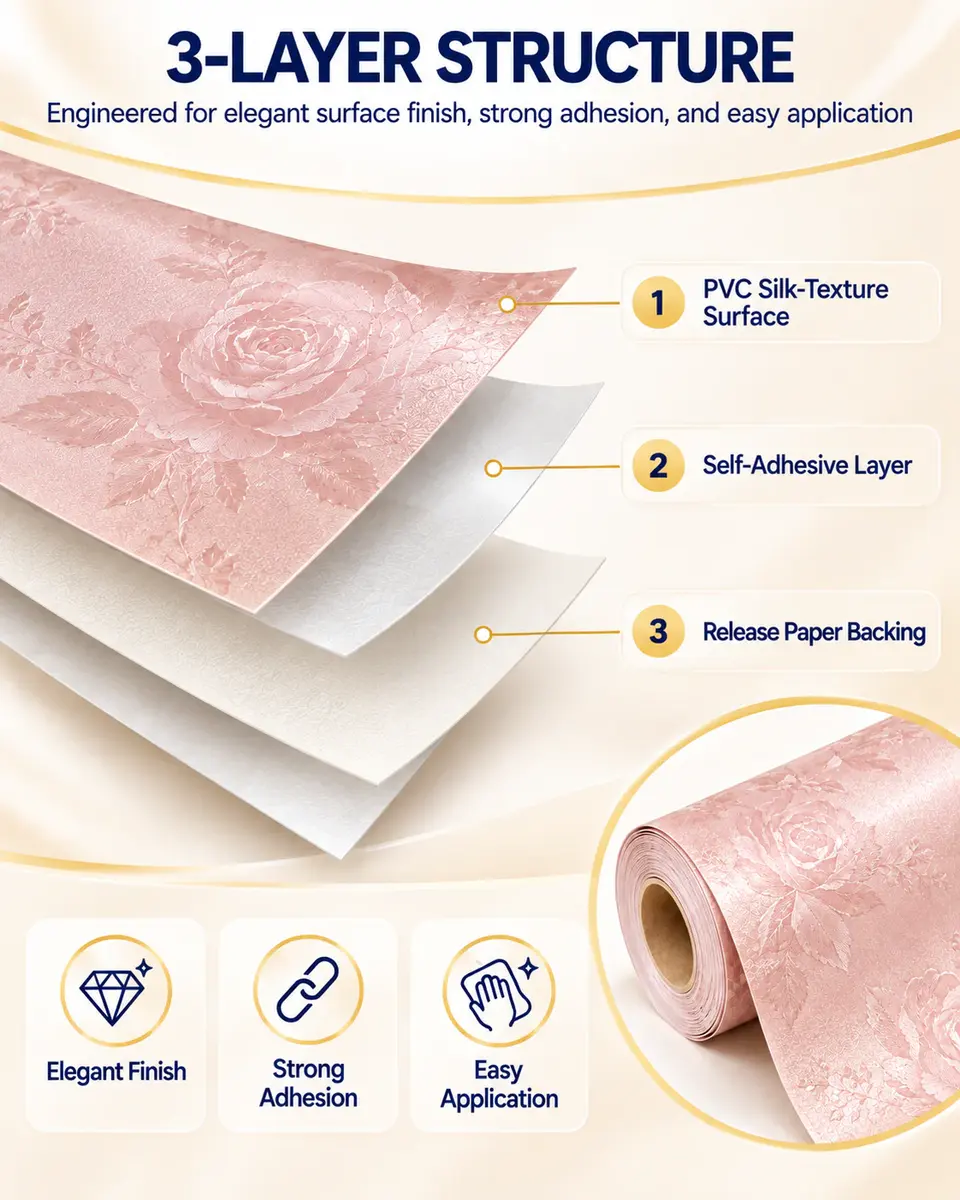 Rose Plain Silk-Texture Self-Adhesive Wallpaper Rolls — Surface texture and finish close-up