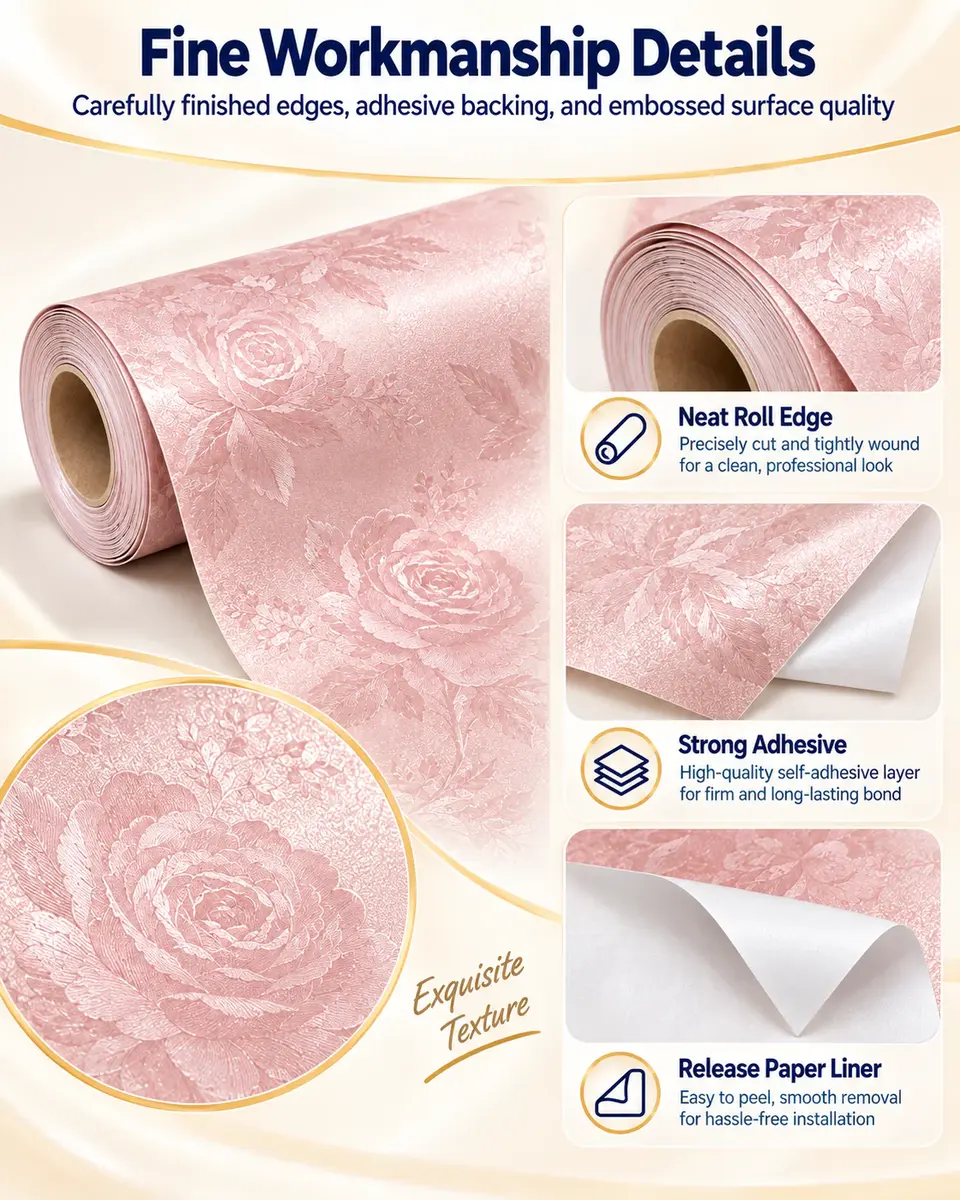 Rose Plain Silk-Texture Self-Adhesive Wallpaper Rolls — Installation and application detail