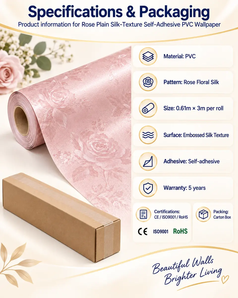 Rose Plain Silk-Texture Self-Adhesive Wallpaper Rolls — Roll format and packaging