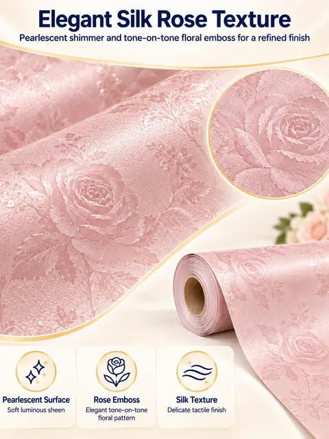 Rose Plain Silk-Texture Self-Adhesive Wallpaper Rolls — Living room