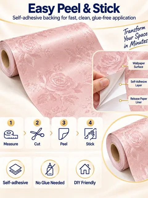 Rose Plain Silk-Texture Self-Adhesive Wallpaper Rolls — Kitchen & bathroom