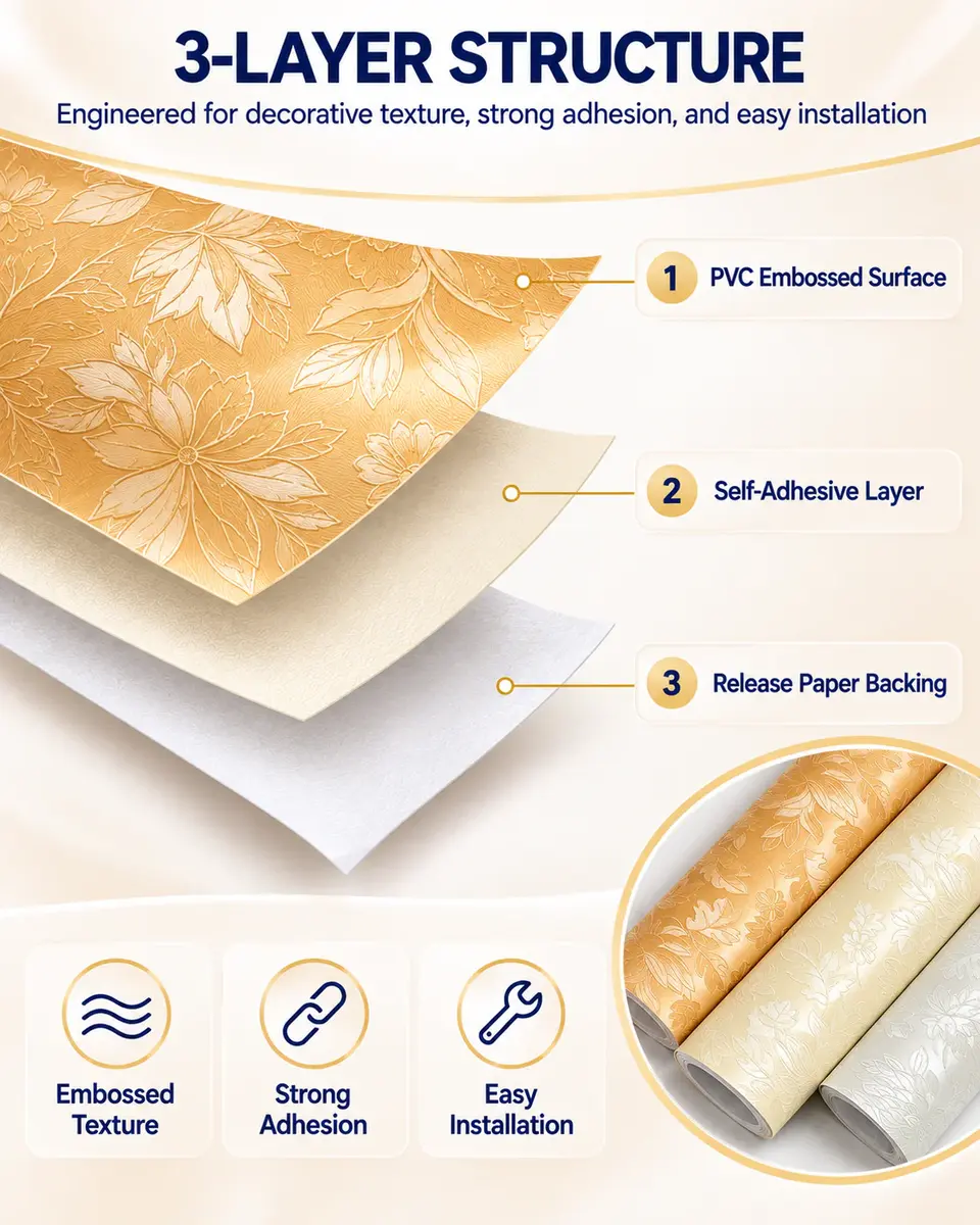Interior Home Decoration PVC 3D Self-Adhesive Floral Wallpaper — Surface texture and finish close-up