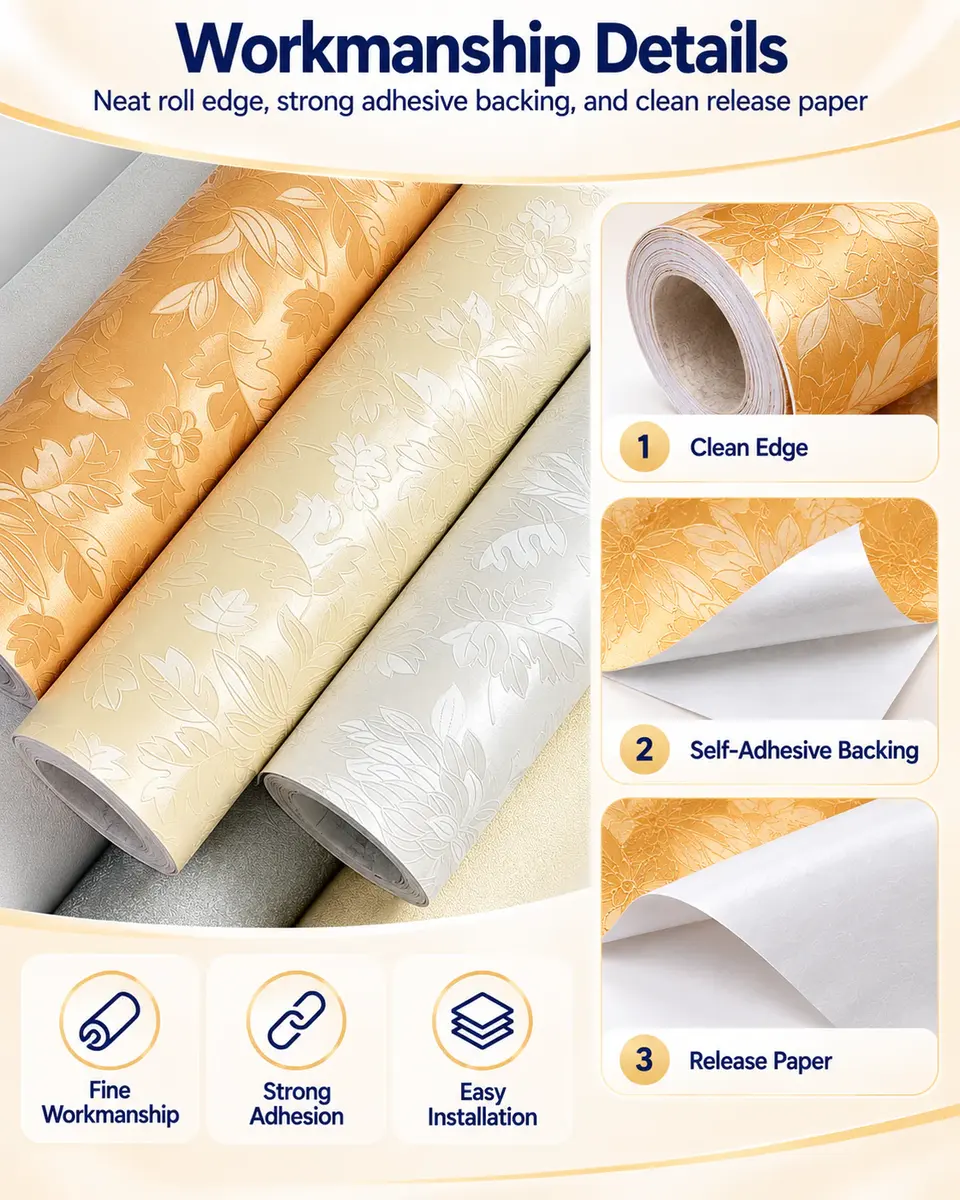 Interior Home Decoration PVC 3D Self-Adhesive Floral Wallpaper — Installation and application detail