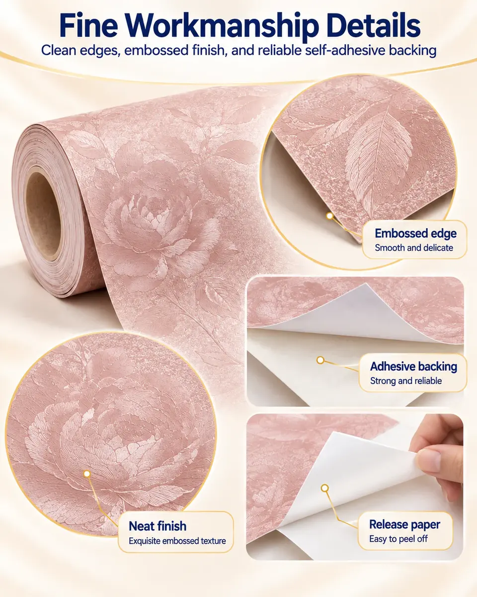 Peel-and-Stick Self-Adhesive Floral 3D Wallpaper Rolls — Installation and application detail