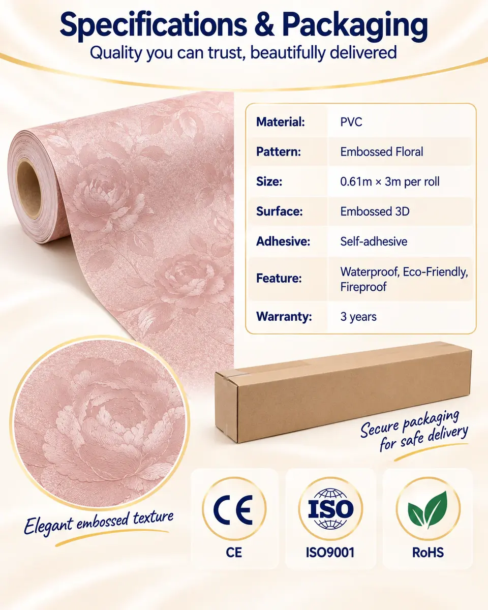 Peel-and-Stick Self-Adhesive Floral 3D Wallpaper Rolls — Roll format and packaging