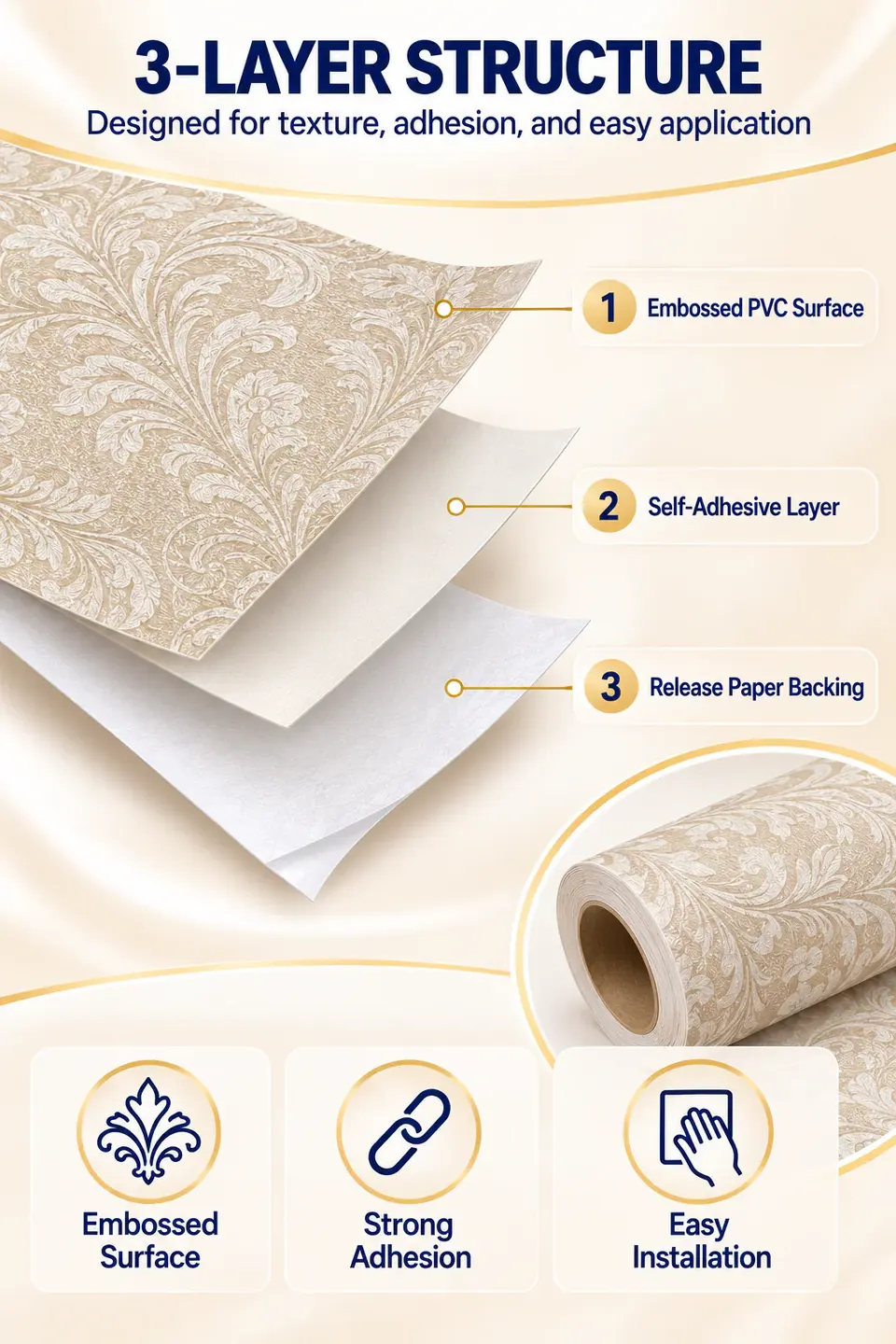 Stick-and-Peel PVC 3D Waterproof Luxury Background Wallpaper — Surface texture and finish close-up