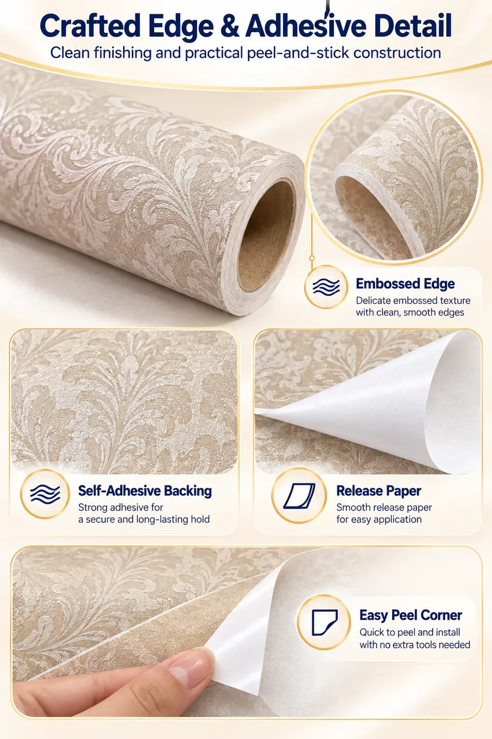 Stick-and-Peel PVC 3D Waterproof Luxury Background Wallpaper — Installation and application detail