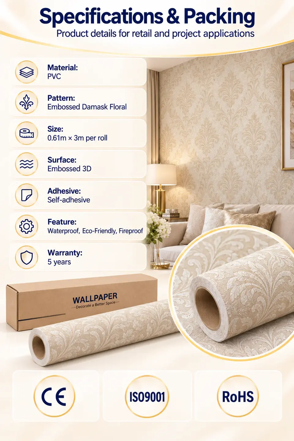 Stick-and-Peel PVC 3D Waterproof Luxury Background Wallpaper — Roll format and packaging