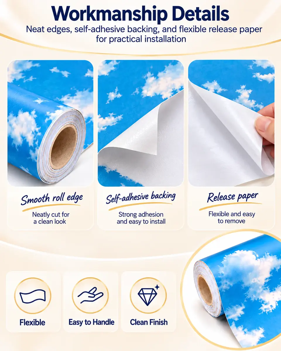 3D Nature Blue Sky & Cloud Ceiling Mural Wallpaper Rolls — Installation and application detail
