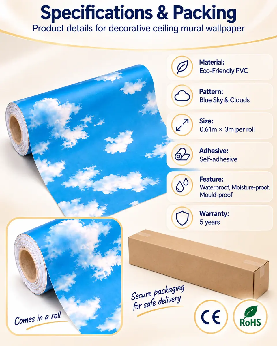 3D Nature Blue Sky & Cloud Ceiling Mural Wallpaper Rolls — Roll format and packaging