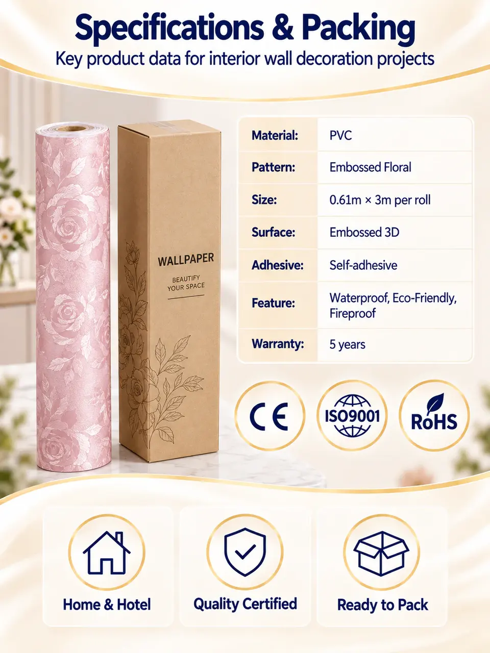 Flower Floral 3D Self-Adhesive Vinyl Wall Sticker Wallpaper — Roll format and packaging