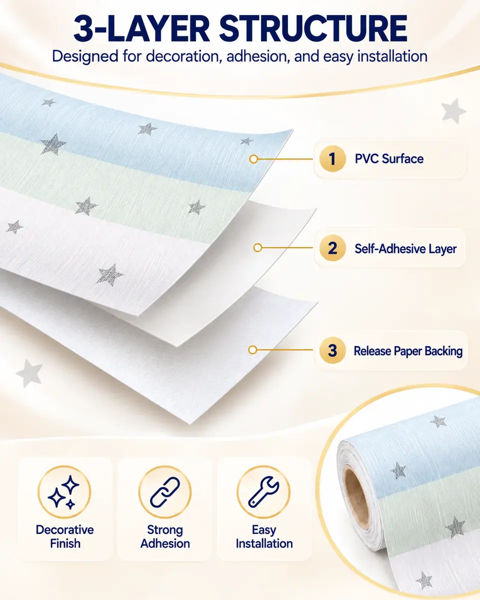 Free Sample Stars Blue White Yellow Pink Grey Self Adhesive Wallpaper for Children Bedroom Living Room — Surface texture and finish close-up