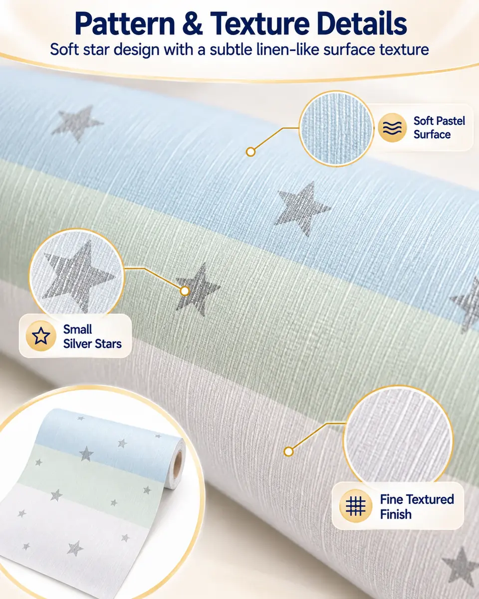Free Sample Stars Blue White Yellow Pink Grey Self Adhesive Wallpaper for Children Bedroom Living Room — Construction and material layers