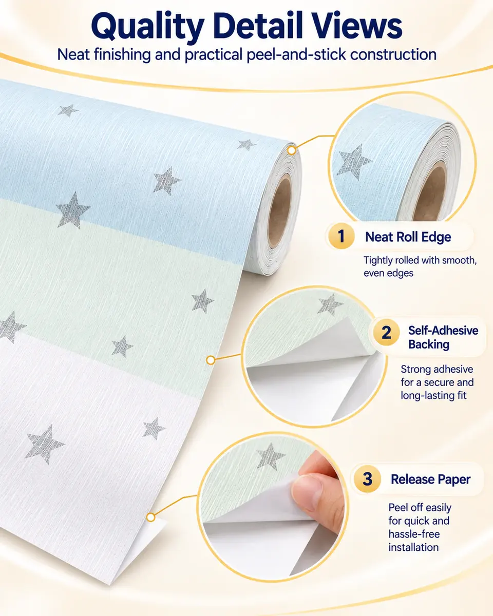 Free Sample Stars Blue White Yellow Pink Grey Self Adhesive Wallpaper for Children Bedroom Living Room — Installation and application detail