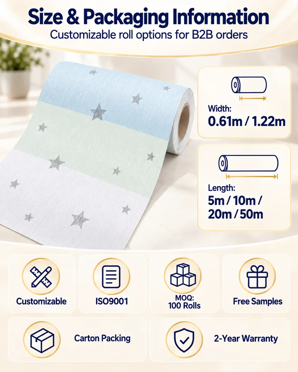 Free Sample Stars Blue White Yellow Pink Grey Self Adhesive Wallpaper for Children Bedroom Living Room — Roll format and packaging