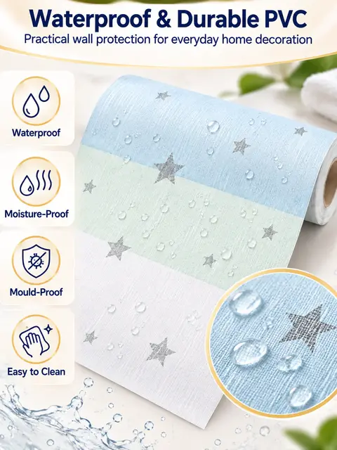 Free Sample Stars Blue White Yellow Pink Grey Self Adhesive Wallpaper for Children Bedroom Living Room — Feature wall