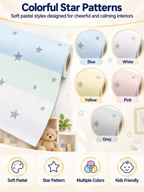Free Sample Stars Blue White Yellow Pink Grey Self Adhesive Wallpaper for Children Bedroom Living Room — Living room