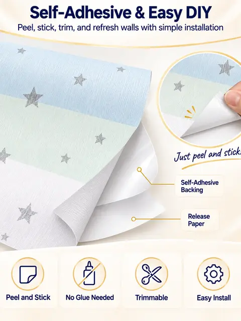 Free Sample Stars Blue White Yellow Pink Grey Self Adhesive Wallpaper for Children Bedroom Living Room — Bedroom & nursery