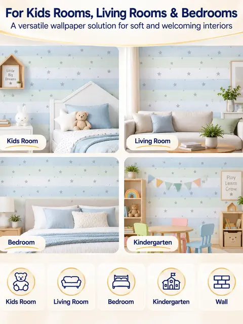 Free Sample Stars Blue White Yellow Pink Grey Self Adhesive Wallpaper for Children Bedroom Living Room — Kitchen & bathroom