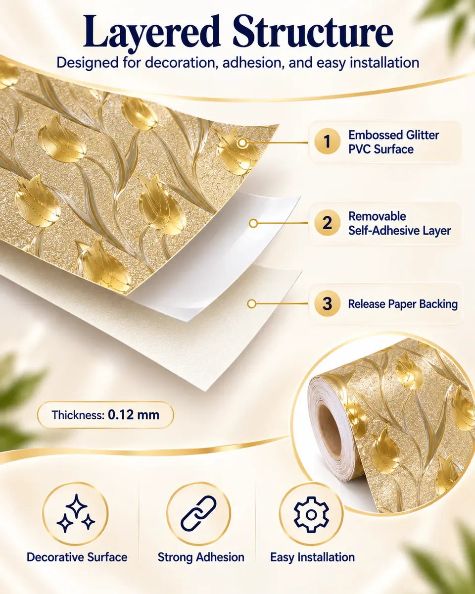 PVC Decoration Usage Self Adhesive Shinning Silver Gold Glitter Wallpaper With Removable Glue — Surface texture and finish close-up