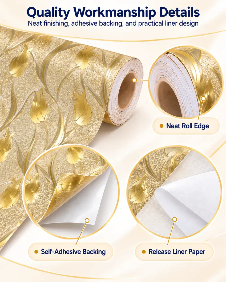 PVC Decoration Usage Self Adhesive Shinning Silver Gold Glitter Wallpaper With Removable Glue — Installation and application detail