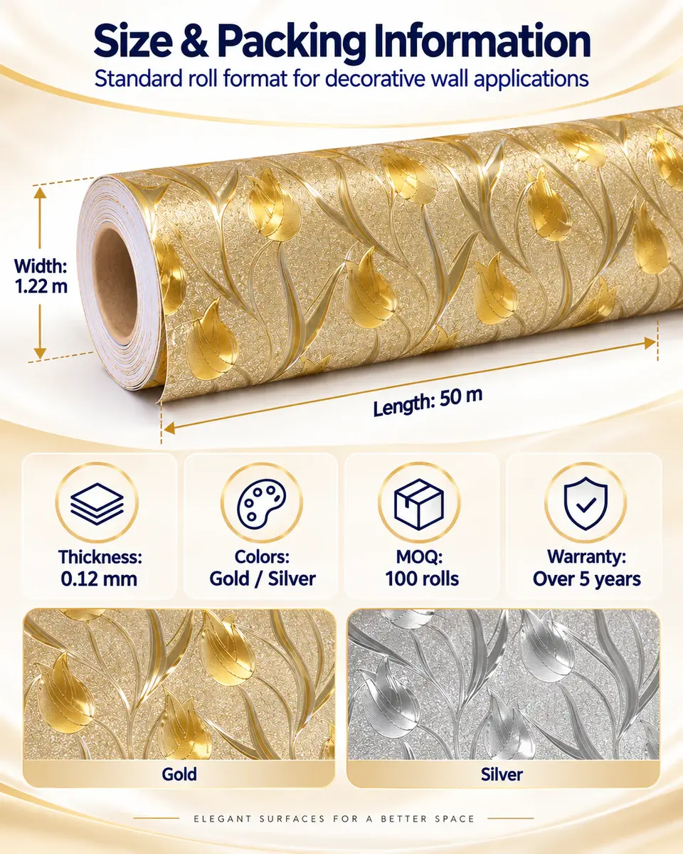 PVC Decoration Usage Self Adhesive Shinning Silver Gold Glitter Wallpaper With Removable Glue — Roll format and packaging