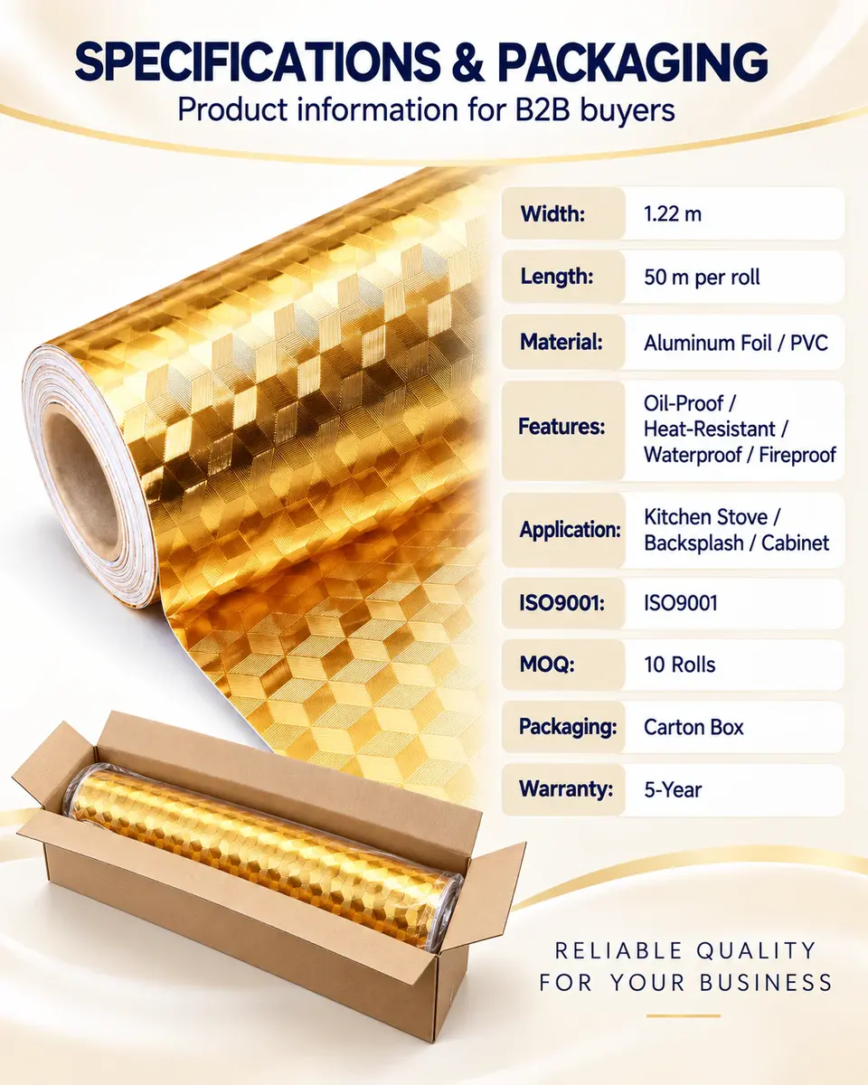 Gold Aluminum Foil Oil-Proof Kitchen Sticker — Roll format and packaging