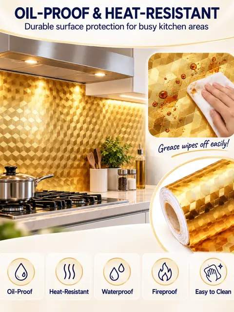 Gold Aluminum Foil Oil-Proof Kitchen Sticker — Feature wall