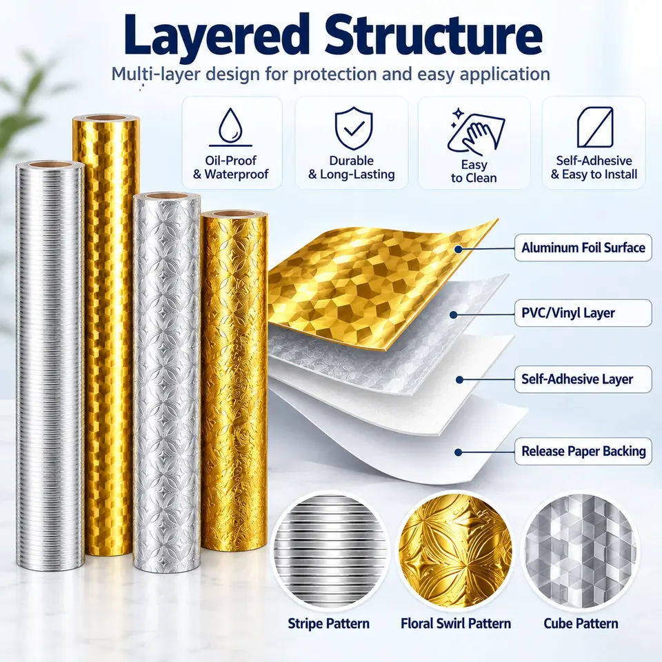 Oil-Proof Silver & Gold Aluminum Foil Kitchen Sticker — Surface texture and finish close-up