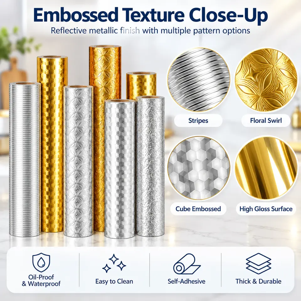 Oil-Proof Silver & Gold Aluminum Foil Kitchen Sticker — Construction and material layers