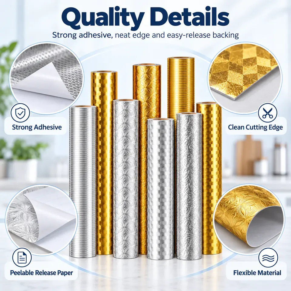 Oil-Proof Silver & Gold Aluminum Foil Kitchen Sticker — Installation and application detail